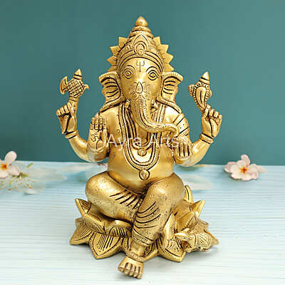 Brass Ganesh Idol Sitting on Lotus Ganpati Bhagwan Statue for Home Entrance Good Luck Vastu Decoration Showpiece and Gift - 10 Inch Height