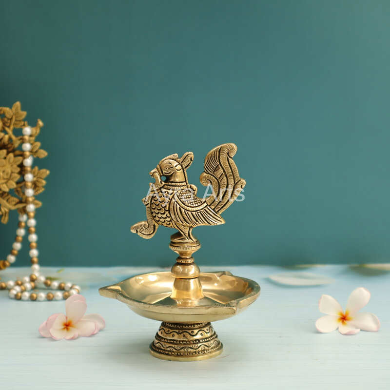 Ethnic Design Brass Three Wick Peacock Diya - 6 Inch Height Ethnic Design Brass Three Wick Peacock Diya - 6 Inch Height