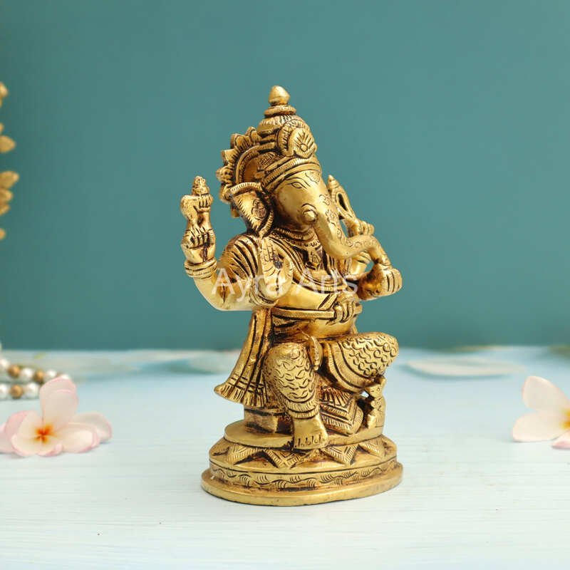 Antique Brass Ganesh Ganpati Vinayaka Murti Statue for Pooja - 6.5 Inch Height