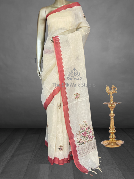 Saanvi White Base – The Linen French Knot Saree SWS156