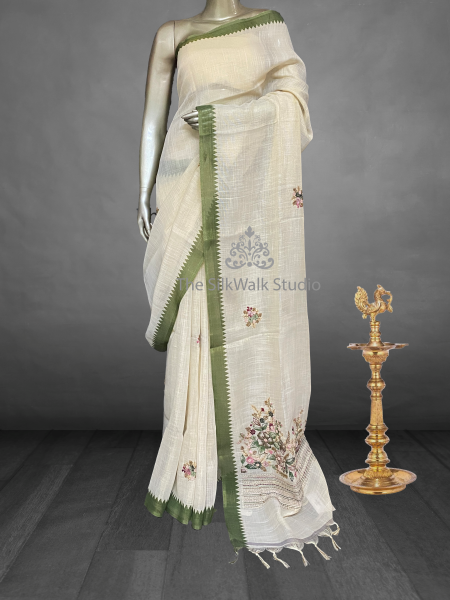 Saanvi White Base – The Linen French Knot Saree SWS157