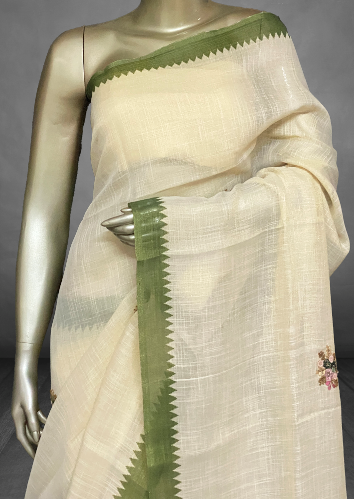 Saanvi White Base – The Linen French Knot Saree SWS144