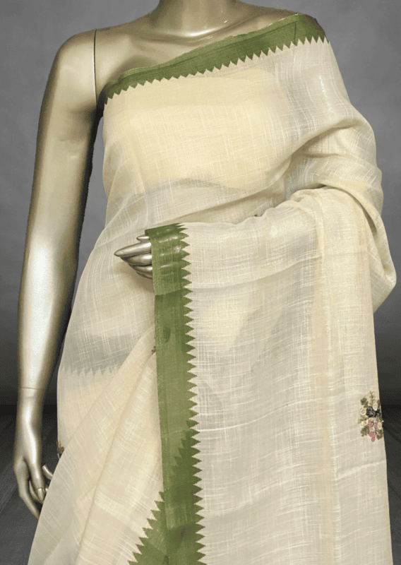 Saanvi White Base – The Linen French Knot Saree SWS157