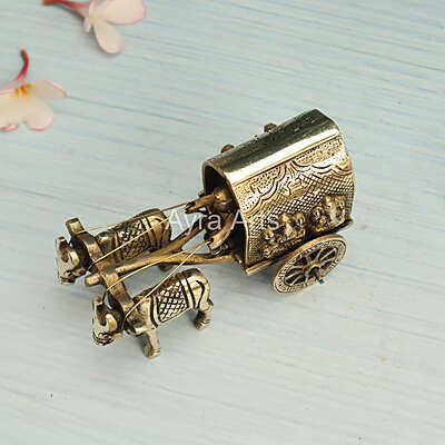 Brass Bullock Cart with Ganesha Lakshmi Carving Table Decor - 3 Inch Height