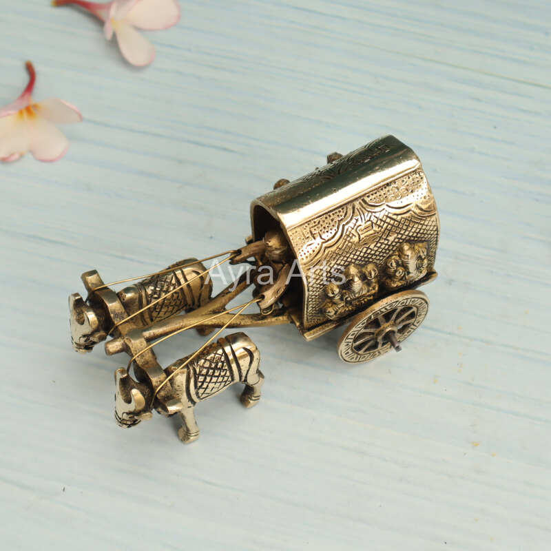 Brass Bullock Cart with Ganesha Lakshmi Carving Table Decor - 3 Inch Height