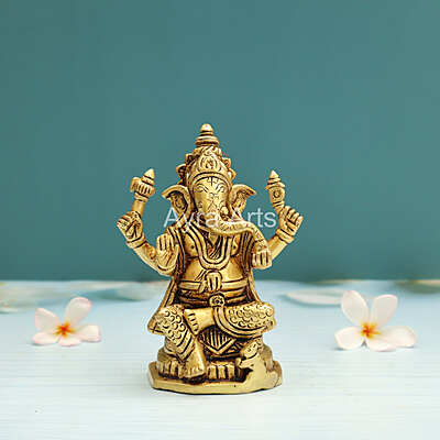 Lord Ganesha Brass Idol Statue for Pooja Home Decor Gifts - 5.5 Inch Height