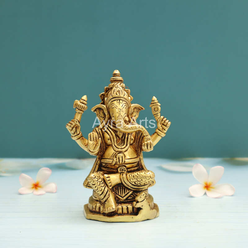Lord Ganesha Brass Idol Statue for Pooja Home Decor Gifts - 5.5 Inch Height