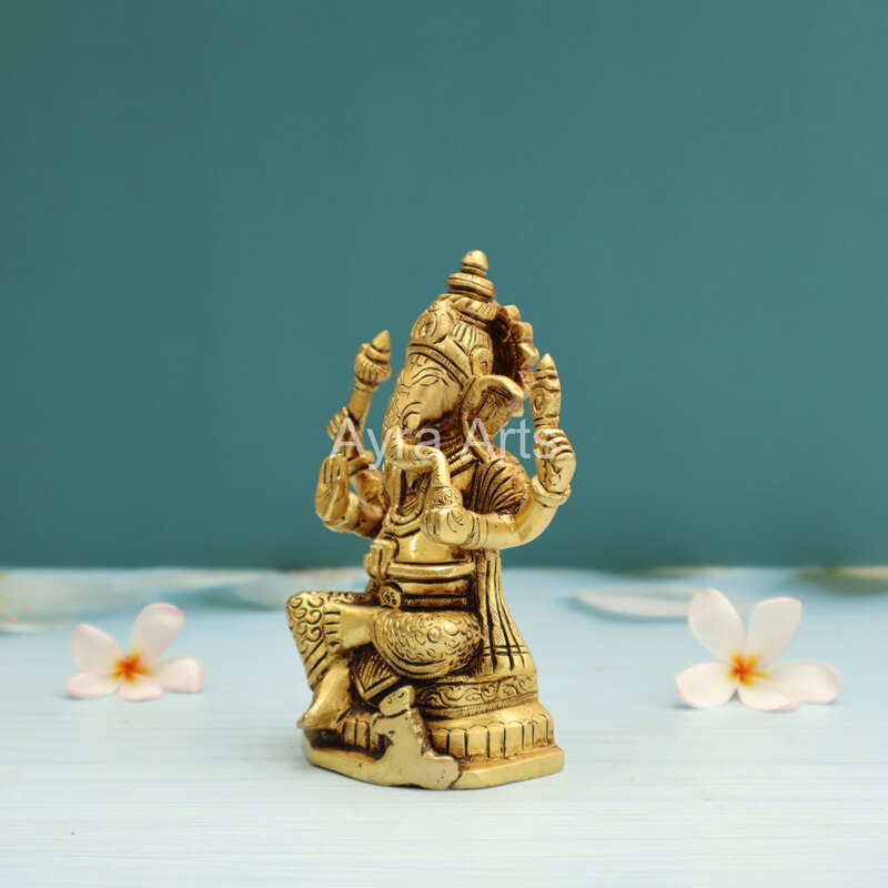 Lord Ganesha Brass Idol Statue for Pooja Home Decor Gifts - 5.5 Inch Height