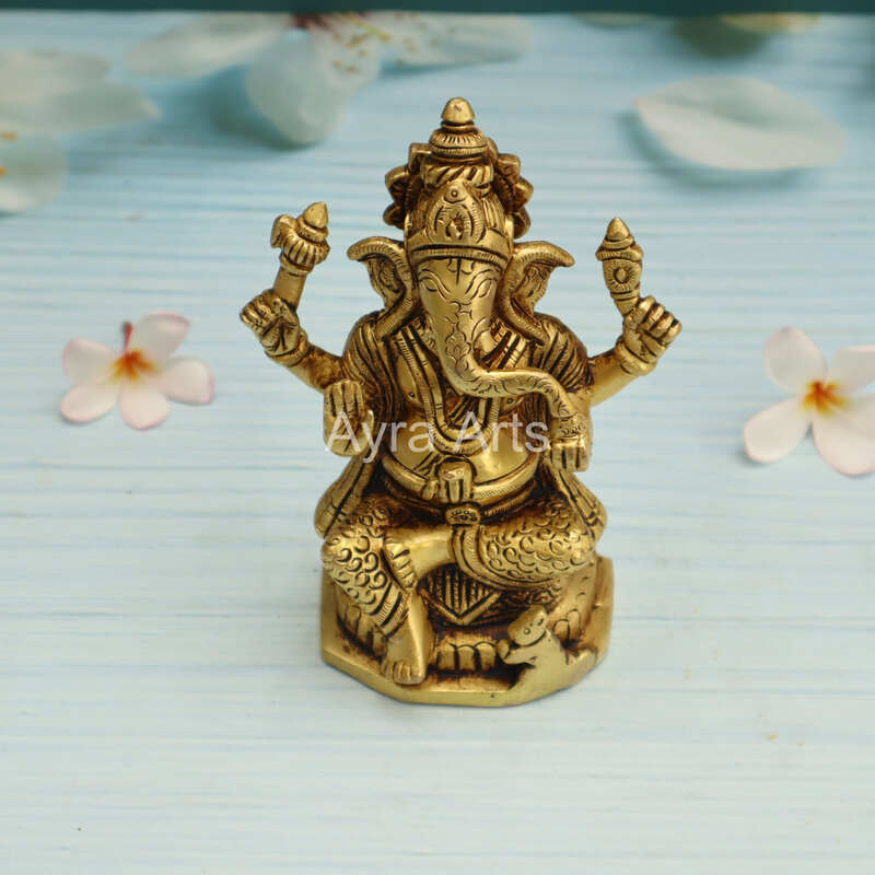 Lord Ganesha Brass Idol Statue for Pooja Home Decor Gifts - 5.5 Inch Height