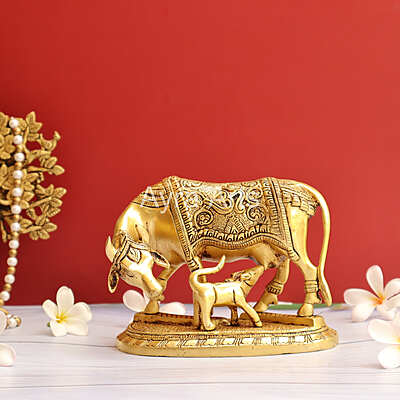 Brass Kamdhenu Holy Cow And Calf with OM symbol- 5 Inch Height