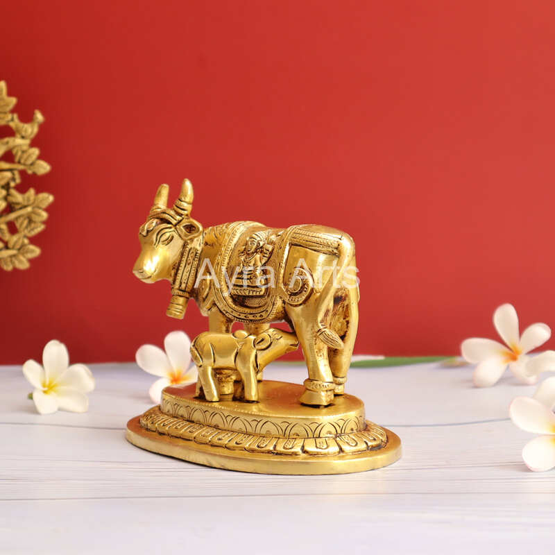 Brass Kamdhenu Holy Cow And Calf - 5.2 Inch Height