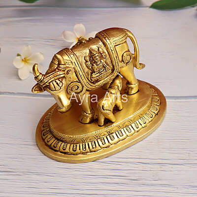 Brass Kamdhenu Holy Cow And Calf - 5.2 Inch Height