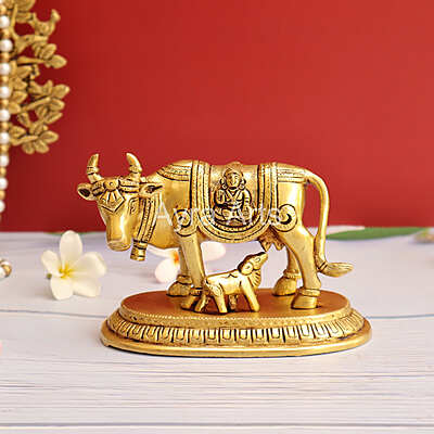 Brass Kamdhenu Cow and Calf Idol for Pooja Mandir - 4 Inch Height