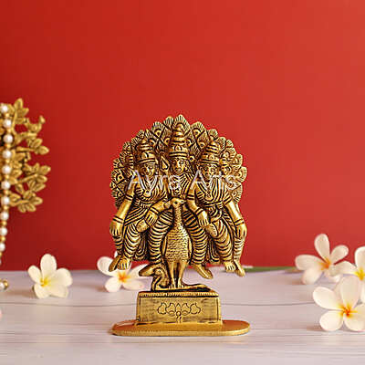 Brass Kumara Swami Subramanya Idol Murugan and His Two Wives Devasena and Valli - 6.2 Inch Height