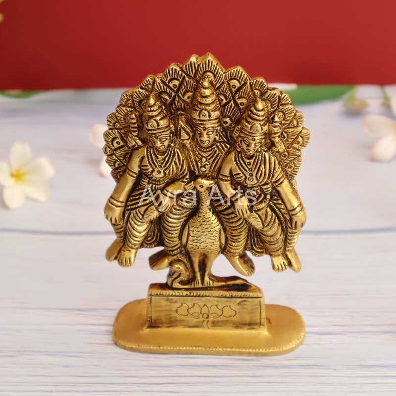 Brass Kumara Swami Subramanya Idol Murugan and His Two Wives Devasena and Valli - 6.2 Inch Height