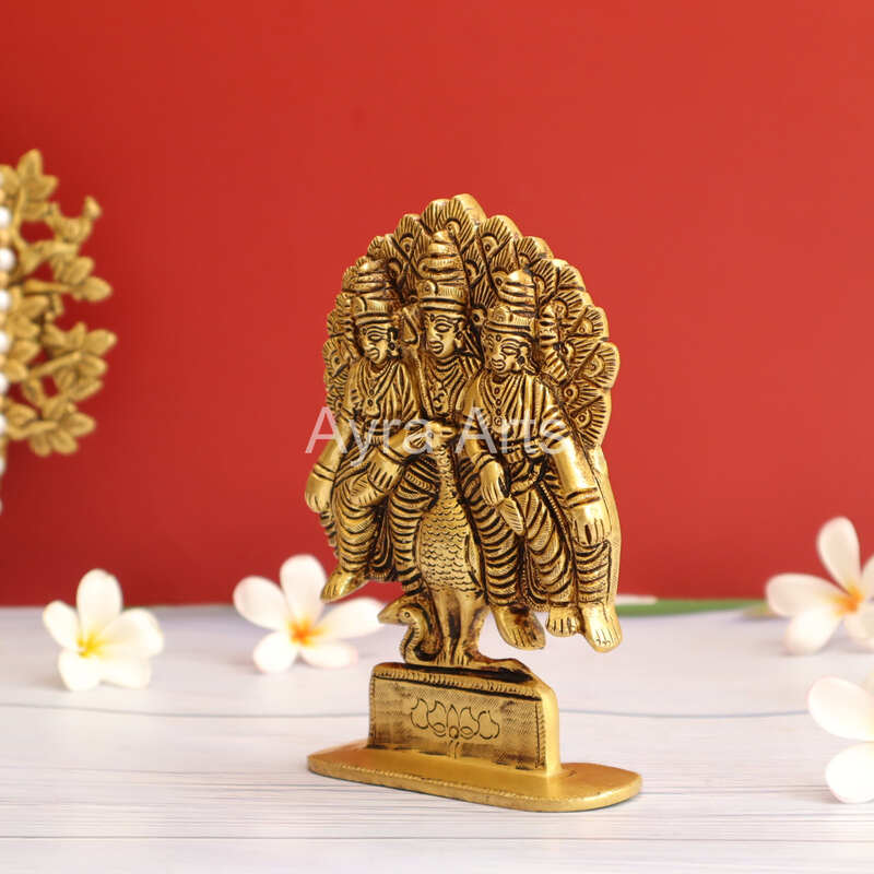 Brass Kumara Swami Subramanya Idol Murugan and His Two Wives Devasena and Valli - 6.2 Inch Height