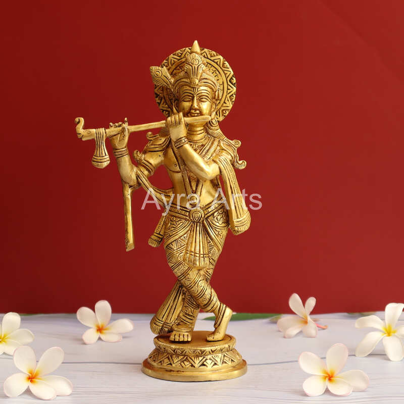 Brass Venu Gopal Krishna Playing Flute - 10.5 Inch Height Brass Venu Gopal Krishna Playing Flute - 10.5 Inch Height