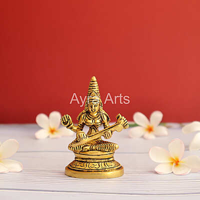 Brass Saraswati Devi Idol - 3.5 inch Height | Sacred Brass Saraswati Devi Idol for Knowledge and Wisdom