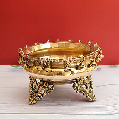Brass Ghungroo Urli with Stand Traditional bowl for flower decoration - 8 Inch Length Brass Ghungroo Urli with Stand Traditional bowl for flower decoration - 8 Inch Length