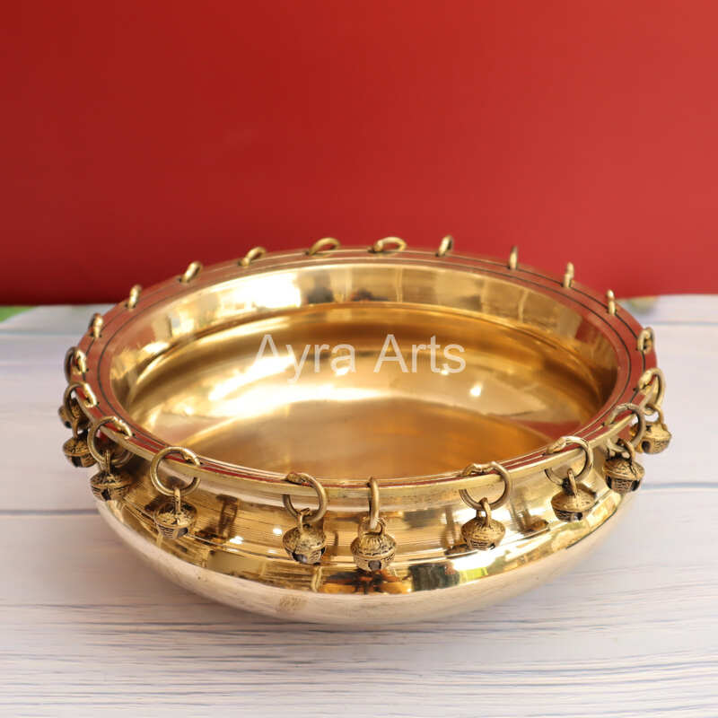 Plain Urli Brass Bowl With Ghungroos - 9 Inch Length Plain Urli Brass Bowl With Ghungroos - 9 Inch Length