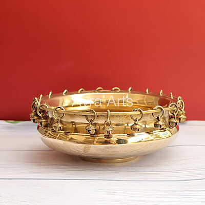 Plain Urli Brass Bowl With Ghungroos - 9 Inch Length Plain Urli Brass Bowl With Ghungroos - 9 Inch Length