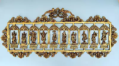 Superfine Brass Dashavatara Wall hanging Panel Ten Incarnations of Lord Vishnu- 33 inch Lenght