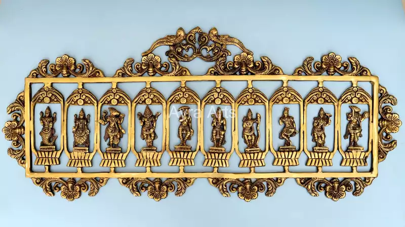 Superfine Brass Dashavatara Wall hanging Panel Ten Incarnations of Lord Vishnu- 33 inch Lenght