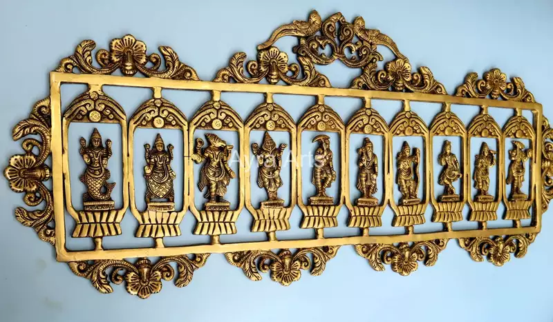 Superfine Brass Dashavatara Wall hanging Panel Ten Incarnations of Lord Vishnu- 33 inch Lenght
