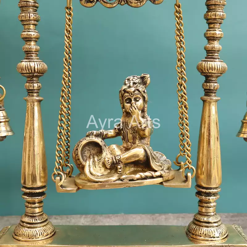 Brass Krishna Statue On Swing Butter Krishna Idol on Jhula for Home Decor Temple Mandir - 16 inch Height