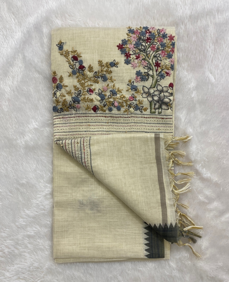 Saanvi White Base – The Linen French Knot Saree  SWS150