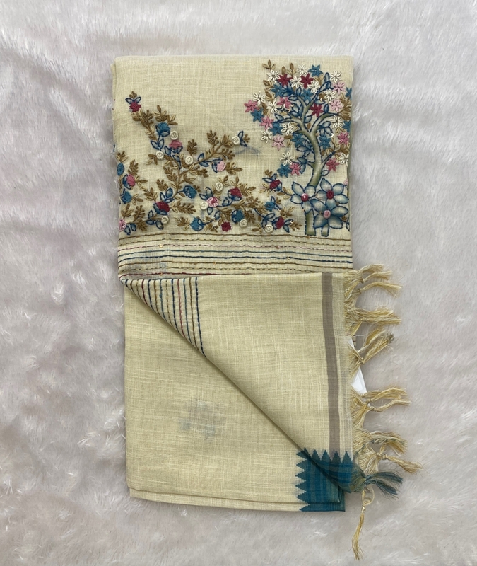 Saanvi White Base – The Linen French Knot Saree SWS151
