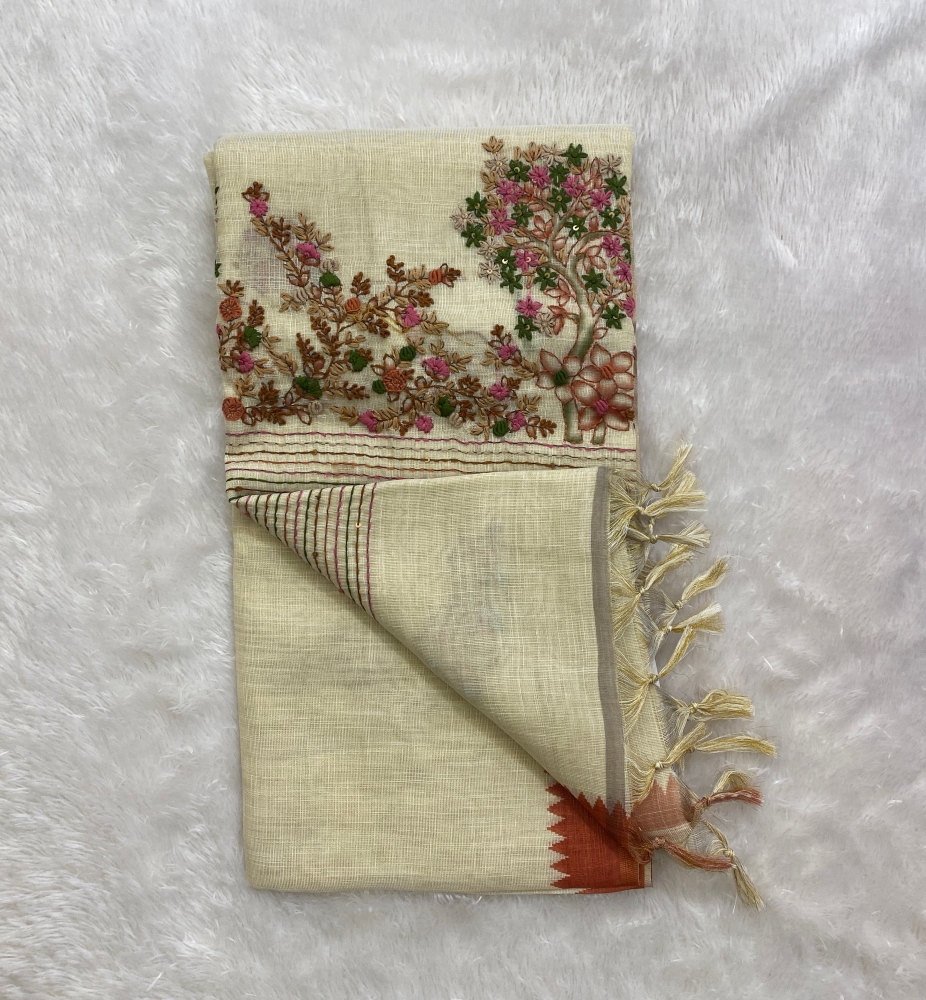 Saanvi White Base – The Linen French Knot Saree SWS151