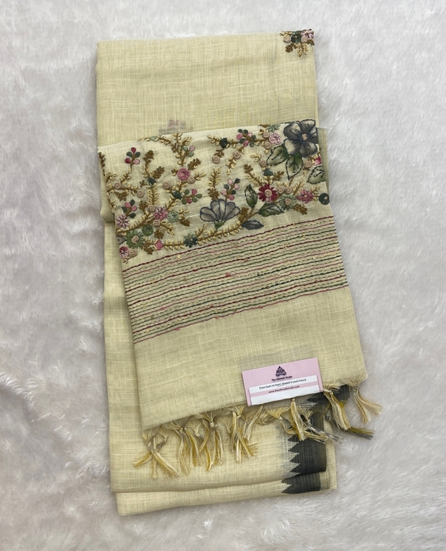 Saanvi White Base – The Linen French Knot Saree SWS157