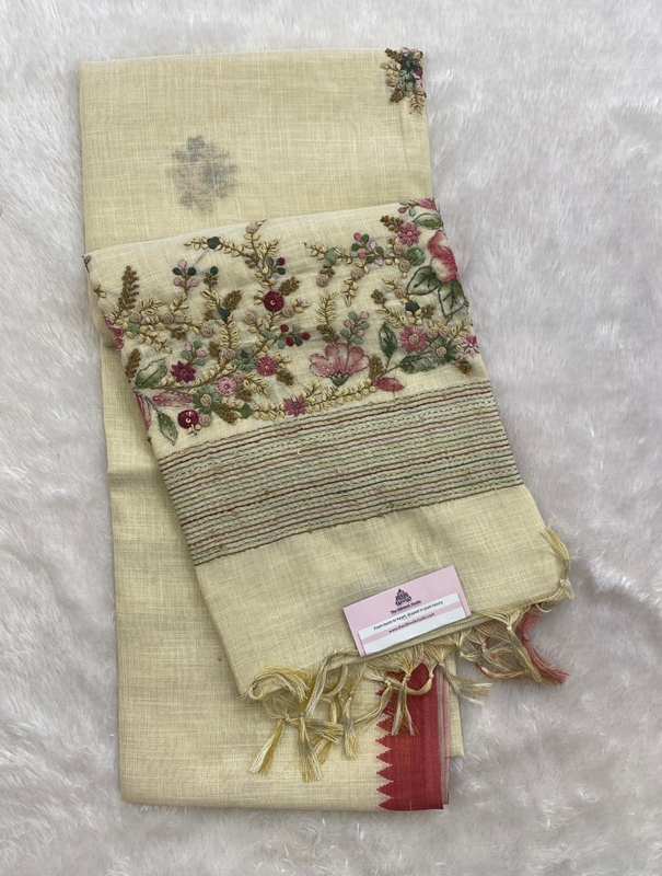 Saanvi White Base – The Linen French Knot Saree SWS157