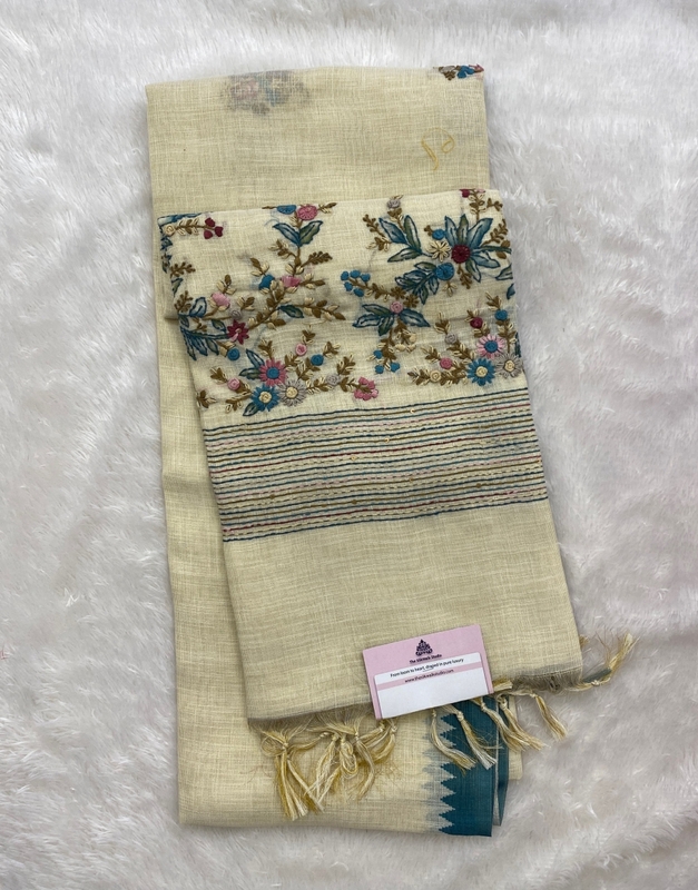 Saanvi White Base – The Linen French Knot Saree SWS152
