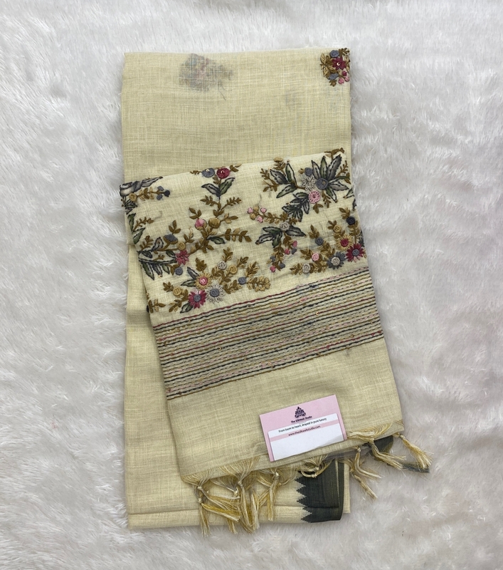 Saanvi White Base – The Linen French Knot Saree SWS152