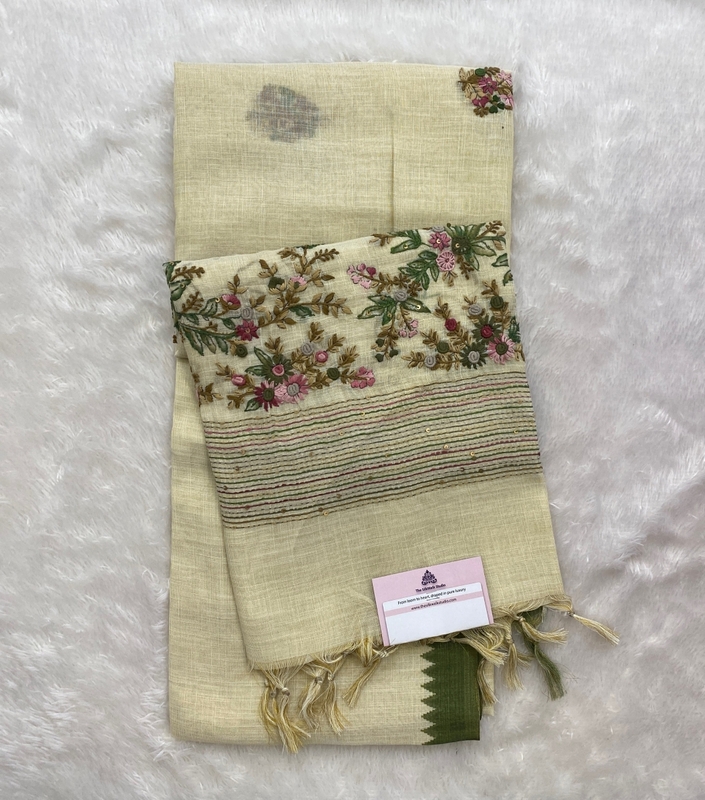 Saanvi White Base – The Linen French Knot Saree SWS152