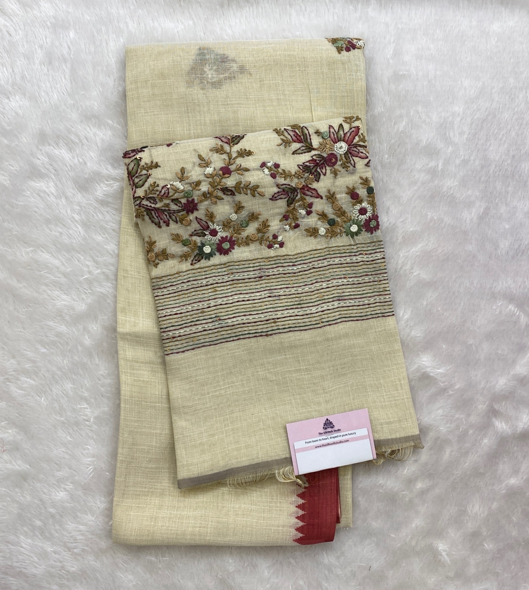 Saanvi White Base – The Linen French Knot Saree SWS154