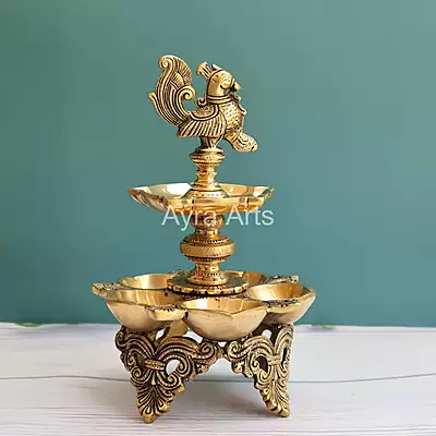 Brass Ten Wick Peacock Diya - 12 Inch Height