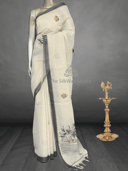 Saanvi White Base – The Linen French Knot Saree (Rose) SWS153