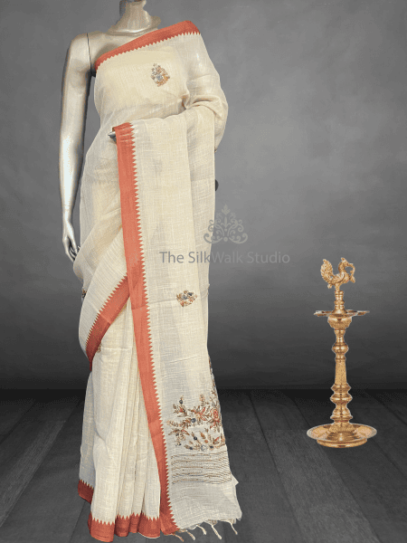 Saanvi White Base – The Linen French Knot Saree (Rose) SWS152