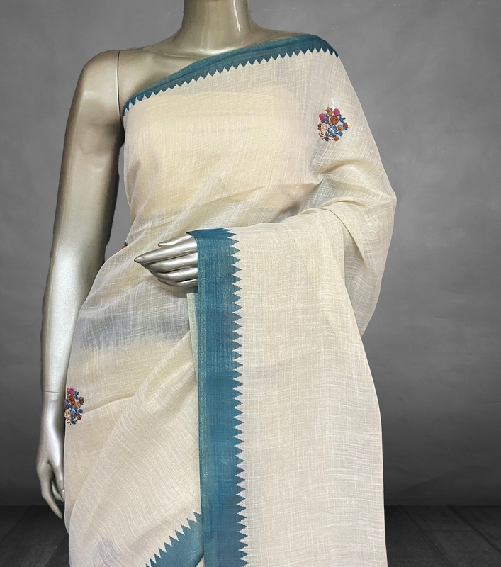 Saanvi White Base – The Linen French Knot Saree (Tree)  SWS150