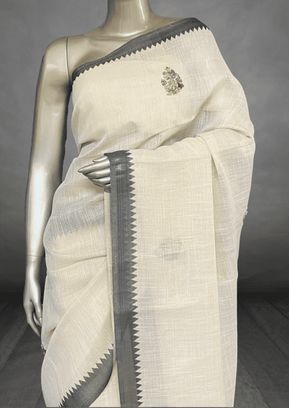 Saanvi White Base – The Linen French Knot Saree (Rose) SWS153