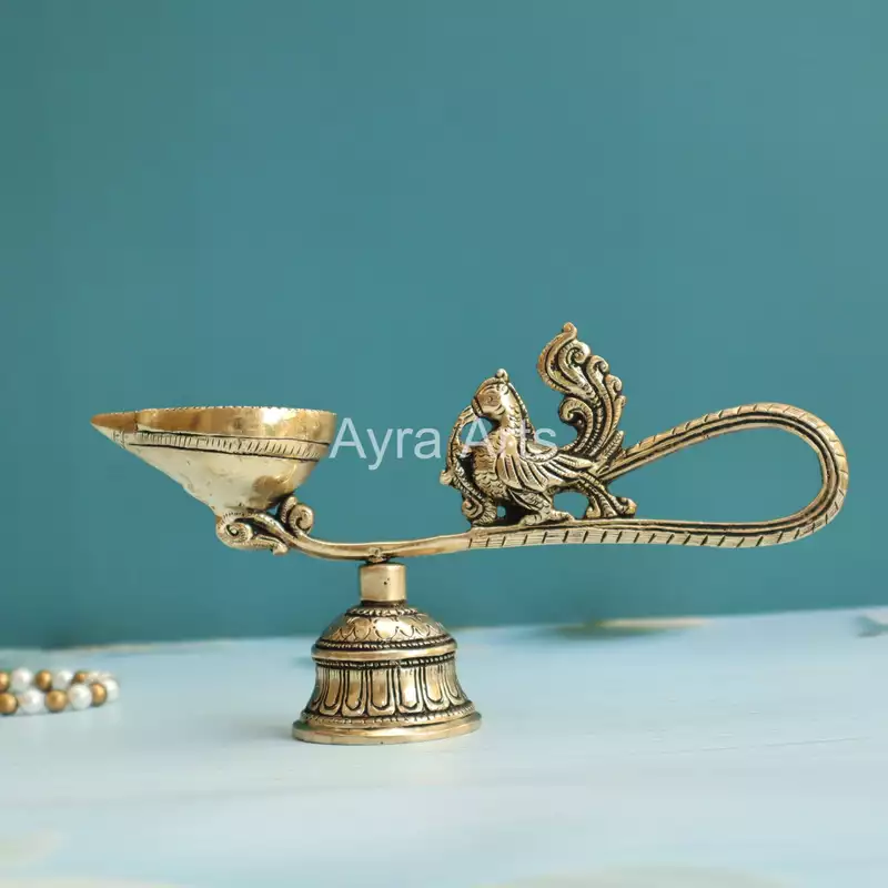 Brass Ethnic Peacock Diya With Bell - 8.5 Inch Length