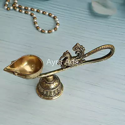 Brass Ethnic Peacock Diya With Bell - 8.5 Inch Length