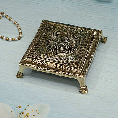 Brass Lotus Carving Pooja Square Chowki - 7 Inch Length