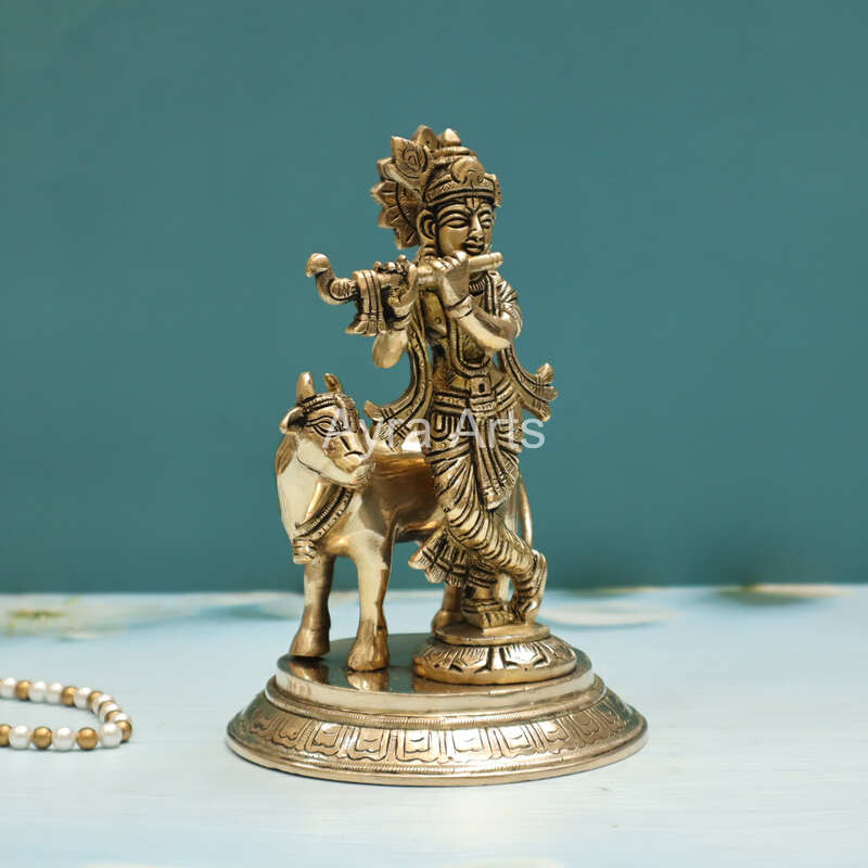 Brass Shri Krishna Idol with Cow Kishan Bhagwan Murti - 8 Inch Height