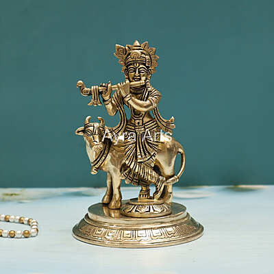 Brass Shri Krishna Idol with Cow Kishan Bhagwan Murti - 8 Inch Height