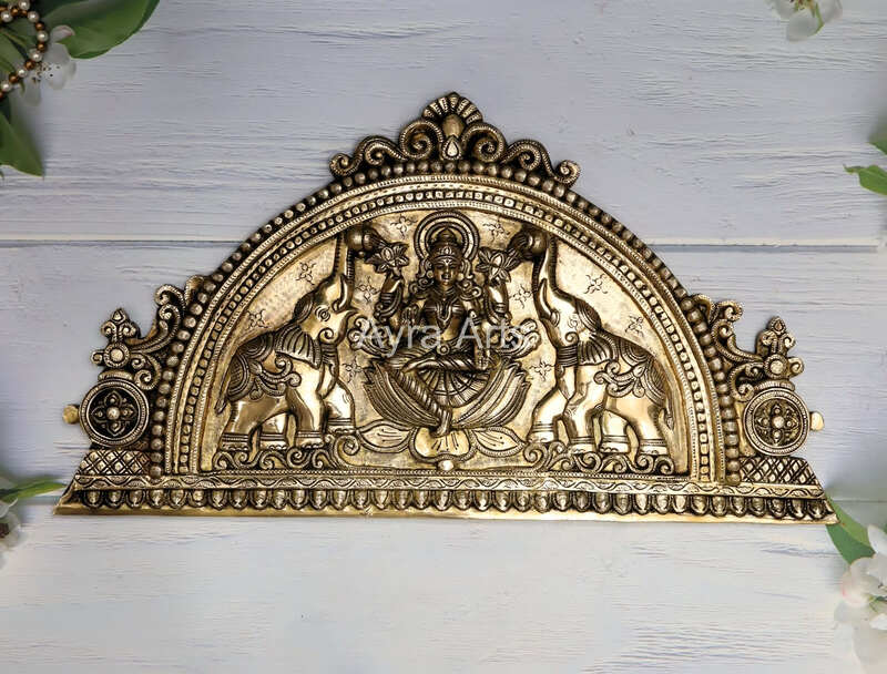 Handcrafted Indian Home Entrance Decor Brass Goddess Gajalakshmi Wall Hanging Panel - 12 Inch Height