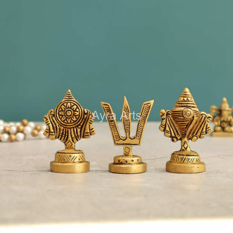 Brass Shankh Chakra Namah Decor Set - 2.5 Inch Height